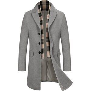 Men's Wool Blend Coat Detachable Plaid Scarf Notched Collar Pea Coat Light Grey